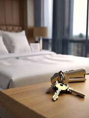 Keys on the table in new apartment or hotel room.