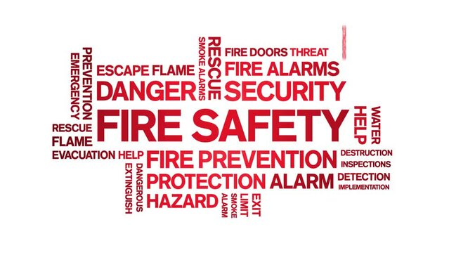 Fire Safety animated tag word cloud;text design animation kinetic typography seamless loop.
