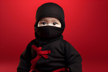 close up studio portrait of cute baby ninja on red background