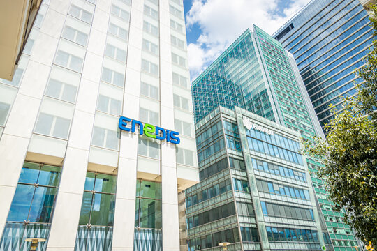 Enedis exterior office building in La Defense business district in Paris, France