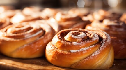 Obraz na płótnie Canvas Freshly baked cinnamon buns with frosting. Generative AI