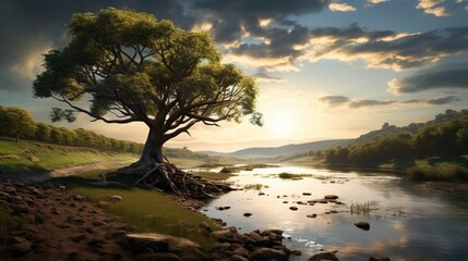 A tree by the banks of a serene, meandering river in the wilderness