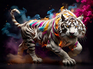 A beautiful white tiger surrounded by smoke of various colors.