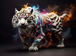 A beautiful white tiger surrounded by smoke of various colors.