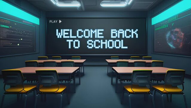 "Welcome Back To School" text motion on big screen in modern and futuristic classroom background. Cartoon or anime style. seamless looping 4K virtual video animation.