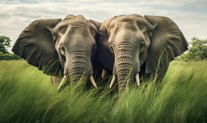 A couple of elephants standing in a lush green field. Generative AI.