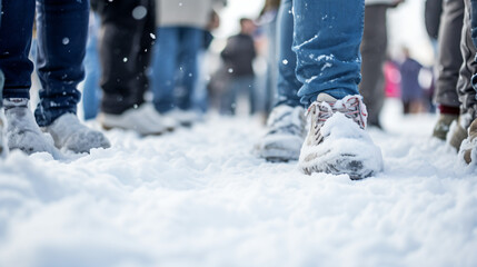 雪が降っていて、靴が雪だらけの人々の足元のアップ写真 - obrazy, fototapety, plakaty