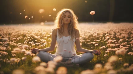 Schilderijen op glas woman meditating in yoga pose in a field of flowers sunlit © Zanni