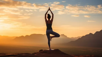 Fotobehang woman meditating in yoga pose on a mountain, sunrise © Zanni