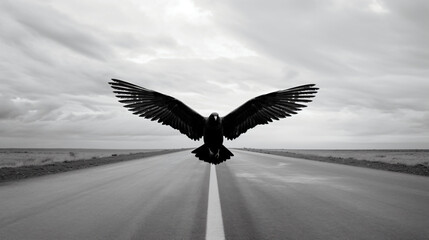 草原の中、地平線までまっすぐ伸びる道に大きな鷹が飛んでいるアップのモノクロ写真 - obrazy, fototapety, plakaty