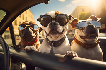 Funny cute dog and friends in car go to travel. - obrazy, fototapety, plakaty