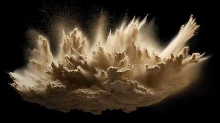 Golden sand explosion isolated on black background. Abstract sand cloud.