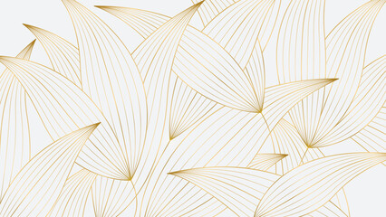 Luxury Gold Leaf Pattern on White Background. Hand-drawn wavy plants for packaging, social media, covers, banners, creative posts, and wall art in Japanese style.