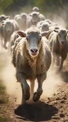 Fototapeta premium Capture the dynamic movement of a herd of cattle or sheep as they traverse a rural landscape, highlighting the energy and liveliness of the animals, AI generated