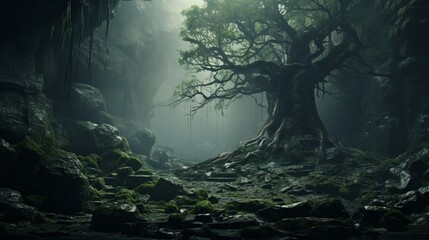 A tree in the heart of a misty, ancient forest, shrouded in mystery