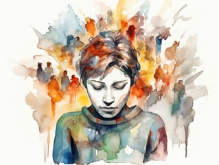 Person with social anxiety disorder, social phobia, watercolor illustration