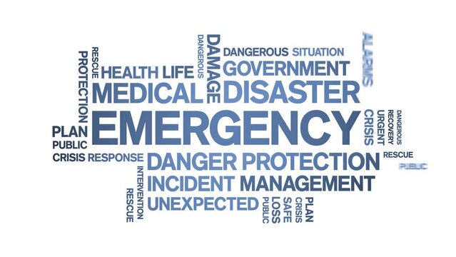 Emergency animated tag word cloud;text design animation kinetic typography seamless loop.