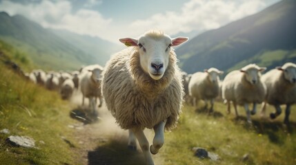 Obraz premium Capture the dynamic movement of a herd of cattle or sheep as they traverse a rural landscape, highlighting the energy and liveliness of the animals, AI generated