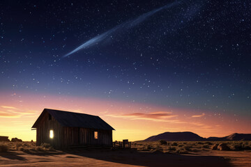 Christmas night. Comet star in night starry sky of Bethlehem. Nativity scene. Jesus Christ birth. The star shines over the manger of Jesus Christ.