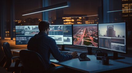 A male software engineers working on laptop with big screen in a modern monitoring office with live CCTV footage with traffic situation at monitoring room.