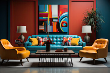 A living room design inspired by the vibrant colors and bold patterns of the 1960s.