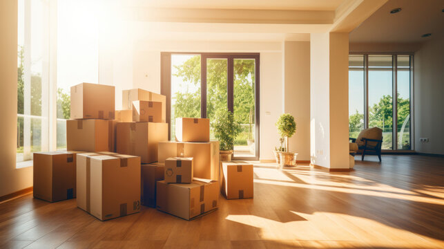 Boxes waiting to be moved into a new home, Moving house day and real estate concept.