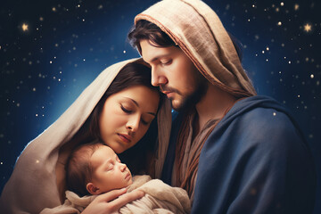 Nativity scene with Mary, Joseph and newborn baby Jesus. Christian Christmas scene with holy family. Birth of Salvation, Messiah, Emmanuel, God with us © jchizhe