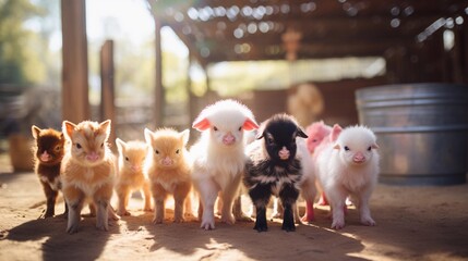 Create a charming image of a barnyard with various livestock, such as chickens, pigs, and goats, coexisting harmoniously in their respective areas, AI generated - obrazy, fototapety, plakaty