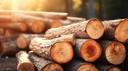 Group of Log trunks pile, Wooden trunks pine, Logging timber wood industry. - obrazy, fototapety, plakaty