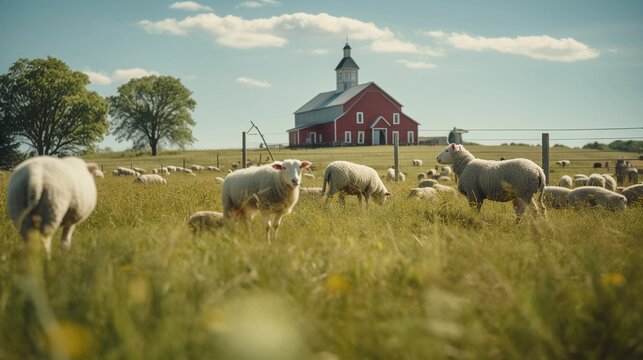 Create a warm and inviting image of a farmstead with a variety of livestock, barns, and open spaces, evoking the traditional charm of agricultural life, AI generated