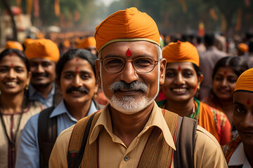 portraits of elderly people of Indian origin celebrating the republic day of india, they are in a gathering of people and there are flags of india. republic of india - obrazy, fototapety, plakaty