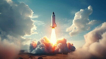 Design an illustration featuring a rocket launching into the sky, symbolizing the upward trajectory and rapid ascent of a business towards success and growth, AI generated - obrazy, fototapety, plakaty