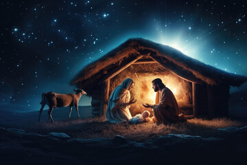 Nativity scene with Mary, Joseph and newborn baby Jesus. Christian Christmas scene with holy...