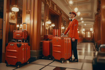 Bellman in red uniform with red suitcases in the hotel corridor next to the room