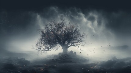 A tree surrounded by dense fog, creating an ethereal atmosphere