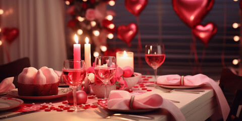 Pink table setting for Valentine's Day, glasses and plates for romantic dinner, festive atmosphere with flowers, candles, heart baloons
