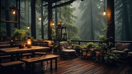 A big cozy wooden coffee shop with wooden tables, Retro style, Forest outside, In rainy day.