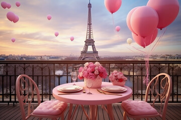 Valentine's Day table set for romantic breakfast in Paris decorated with baloons and flowers. Table on the balcony overlooking the Eiffel Tower - obrazy, fototapety, plakaty