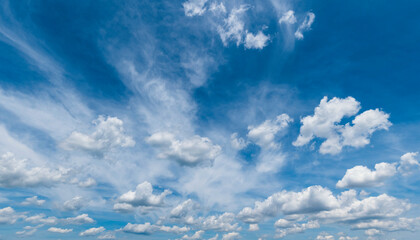Blauer Himmel mit kleinen Haufenwolken und hohen Cirruswolken ohne Sonne