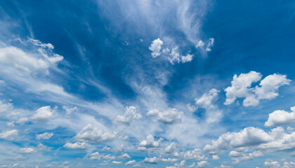 Blauer Himmel mit kleinen Haufenwolken und hohen Cirruswolken ohne direkten Sonnenschein