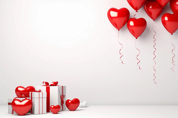 White wall mock up with copy space decorated in Valentine's day style with red heart baloons and gift boxes
