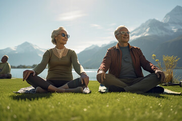 Elderly couple in sportswear doing yoga asanas on the grass near the lake at sunny day