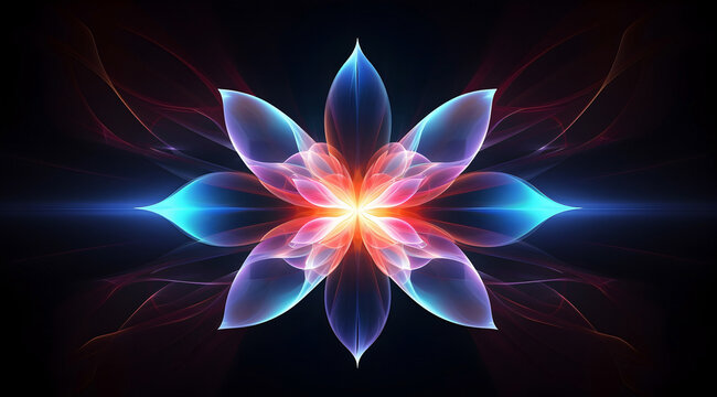 Neon blue field of flowers glowing with soft, luminous energy. Abstract space futuristic background.