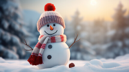 Fototapeta premium Merry christmas and happy new year. Snowman with a carrot nose, hat, scarf, stick arms and christmas ornaments standing outside on winter scenery snow background. Winter fairytale. Generative ai