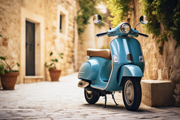 Blue vintage scooter parked on a cobblestone street.