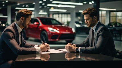A customers and car dealers both seeing the negotiation paperwork on the table and discussing about...