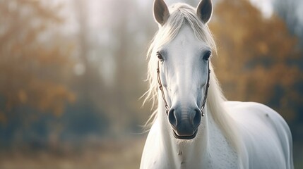 Showcase the elegance of horses in a serene setting, such as a horse farm or pasture, emphasizing their grace and beauty, AI generated - obrazy, fototapety, plakaty