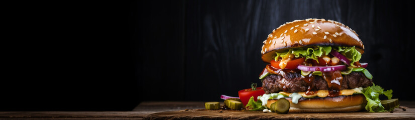 Close-up homemade beef burger on wooden table. Banner background
