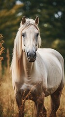 Obraz premium Showcase the elegance of horses in a serene setting, such as a horse farm or pasture, emphasizing their grace and beauty, AI generated