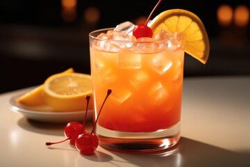 Orange juice and grenadine topped with a maraschino cherry and a slice of orange, Refreshing mixed drink. - obrazy, fototapety, plakaty